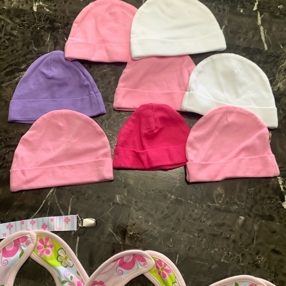 BABY Girl Bundle (bibs, hats, pacifier holder) New - Picture 2 of 4